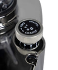 Close-up of Rock Solid Hella Quiet Espresso Grinder adjustment knob for grind size with chrome finish.