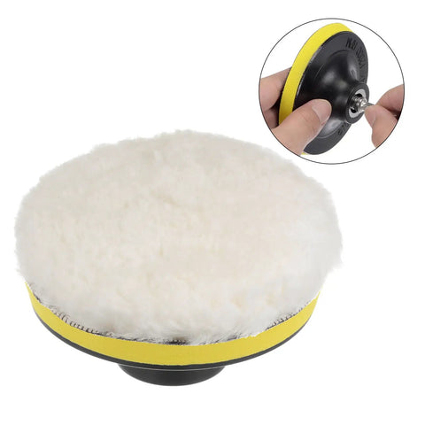 These 3 Inch Wool Buffing Pads Lock Right Onto Your Buffer In Seconds, soft polishing pad with yellow trim for auto detailing.