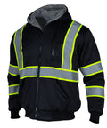Hi Vis Fleece Lined Safety Hoodie For Men With Reflective Stripes, Winter Bomber Jacket Style, ANSI 107 High Visibility, Black, 2XL