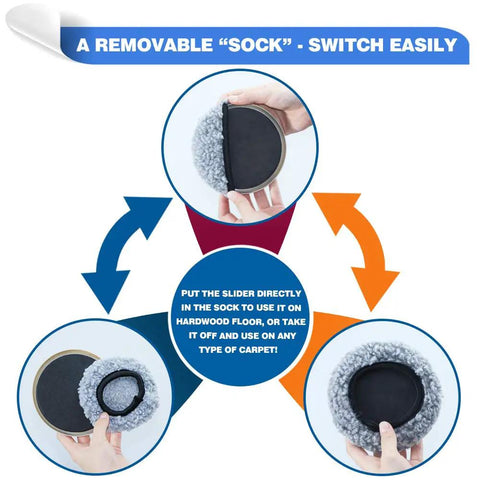 Person holding Multi Surface Furniture Sliders 2 In 1 Moving Pads 8 Piece Pack With Four Carpet Sliders And Four Hardwood Socks