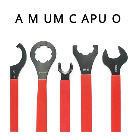 Rock Solid Heavy Duty ER Collet Wrench Set For Precision Machine Tools Includes Sizes ER8 To ER40 Plus ISO And APU Models With Black Oxide Finish For Serious Shop Vibes, showing various wrench designs.