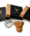 Ah So Two Prong Wine Opener For Delicate Vintage Corks shown with gift box and protective leather cover.