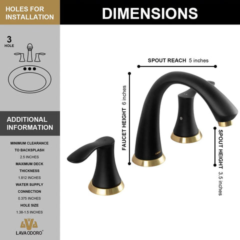 Black And Gold 8 Inch Widespread Bathroom Faucet With 3 Holes And Two Handles Drain Assembly And 27.6 Inch Supply Lines Solid Brass Lead Free Ceramic Disc Cartridges Easy Install Vanity Sink Tap; dimensions diagram.