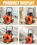 Heavy Duty Electric Sewer Auger With Auto Feed And Four Cutter Blades shown in four angles, featuring 100ft cable and foot control.