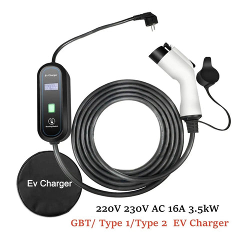 Portable Beefy Level 2 EV Charger 220V 230V 16A Three Point Five Kilowatts Type 2 J1772 Cable coiled and plug displayed