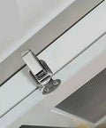Heavy Duty Sliding Door And Window Latch Kit Includes Five Premium Spring Loaded J108B Hasp Catches Made From Mild Steel For Secure Cabinet Box Hardware Installation That Keeps Everything Locked Tight And Ready To Go. mild steel spring latch on white sliding door
