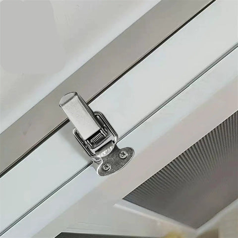 Heavy Duty Sliding Door And Window Latch Kit Includes Five Premium Spring Loaded J108B Hasp Catches Made From Mild Steel For Secure Cabinet Box Hardware Installation That Keeps Everything Locked Tight And Ready To Go. mild steel spring latch on white sliding door