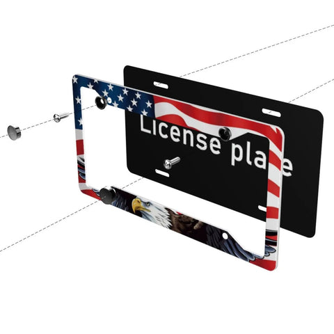 American Flag Bald Eagle License Plate Frame 2 Pack for Cars Rustproof Aluminum Plate Holder With Screw Caps shown with assembly