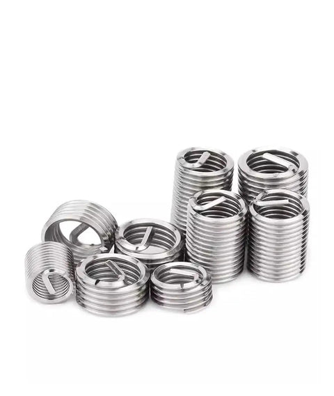 Heavy Duty Stainless Steel Self Tapping Thread Repair Inserts For M5 Fastener Helical Wire Nuts M1 6 To 12 Size Slotted Kit Pack Of Fifty, showing assorted threaded inserts.