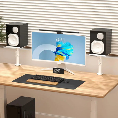 Two Pack Heavy Duty Clamp On Speaker Stands For Desk Mounts With Height Adjustable Pole And Tilt Swivel in use with speakers on desk