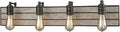 Oil Rubbed Bronze 4 Light Vanity Fixture With Washed Wood Back Plate, 32 inch wide bathroom light, E26 bulbs, dimmable
