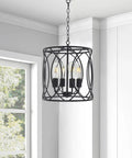 Black Rustic Chandelier Pendant Light Fixture For Dining Room With Four Cage Lights shown near window in living room space.