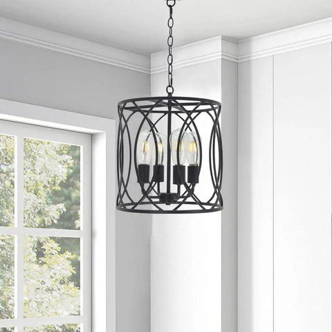 Black Rustic Chandelier Pendant Light Fixture For Dining Room With Four Cage Lights shown near window in living room space.