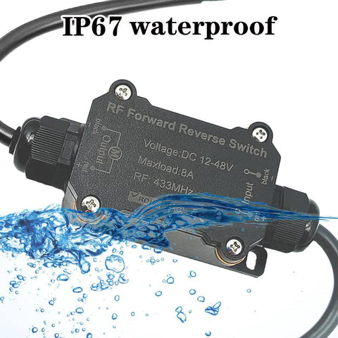 RF forward/reverse remote switch for DC motors, IP67 waterproof, DC 12–48V, 8A, 433MHz, with cable