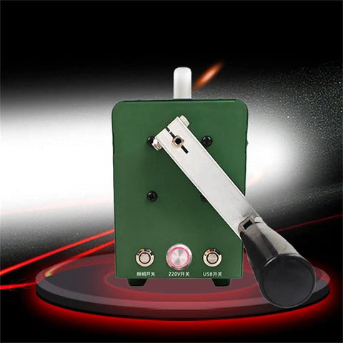 150W Hand Cranked Generator With Dual Direction Crank Portable Dynamo For Off Grid Power Supports External Charging And Solar Panel Charging Up To 2A Output Compact Power Kit For Camping Emergency Prep And Outdoor Adventures, showing green casing and crank handle