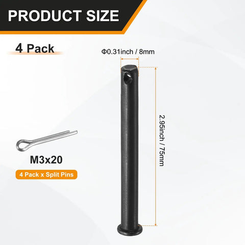 4 Pack M8x75mm Single Hole Clevis Pins Black Steel Heavy Duty Quick Release Fasteners For Farm Equipment Aviation Gear Construction And DIY Projects Built For Fast Assembly Hinges Lifting And Rigging Jobs, 8mm x 75mm size