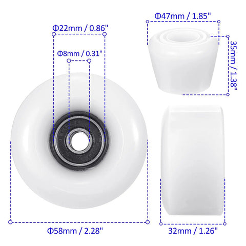 8 Pack Roller Skate Wheels With Bearings Installed For Outdoor Quad Skates 58x32mm 82A White, PU construction, close-up