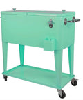 80 Qt Retro Rolling Cooler Ice Chest Cart With Shelf And Bottle Opener Seafoam Perfect For Backyard Bbqs And Bar Nights Keeps Drinks Cold For Days Party Ready, seafoam color, side view