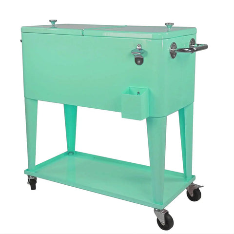 80 Qt Retro Rolling Cooler Ice Chest Cart With Shelf And Bottle Opener Seafoam Perfect For Backyard Bbqs And Bar Nights Keeps Drinks Cold For Days Party Ready, seafoam color, side view