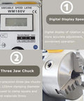 Precision Mini Metal Lathe Benchtop Machine Offers 7 Inch Swing By 12 Inch Centers for Inch Threading with digital speed display.
