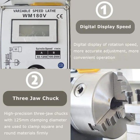 Precision Mini Metal Lathe Benchtop Machine Offers 7 Inch Swing By 12 Inch Centers for Inch Threading with digital speed display.