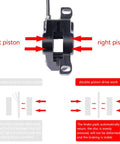 Pro Grade Hydraulic Disc Brake Set For Mountain Bikes caliper with labeled pistons diagram, black aluminum
