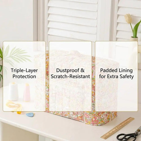Sewing Machine Cover With Storage Pockets And Quilted Floral Dust Cover Foldable Fabric Storage Basket on sewing table