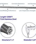 Diagram showing One Eighth Inch T316 Stainless Steel Cable with 7x7 strand construction and 1/8 inch diameter measurements
