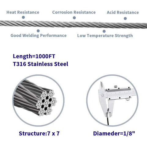 Diagram showing One Eighth Inch T316 Stainless Steel Cable with 7x7 strand construction and 1/8 inch diameter measurements
