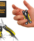 Mini 12-in-1 multitool knife with yellow-black handle; pliers and blades, held in hand (Amazon)