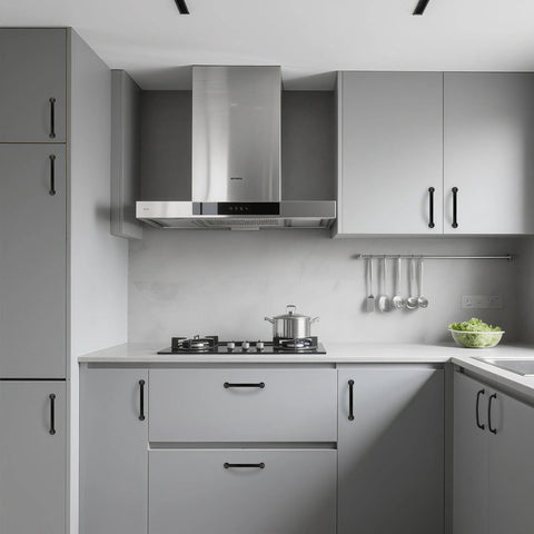 Modern kitchen with 5 Inch Hole Centers Black Zinc Alloy Cabinet Handles 10 Pack For Kitchen Drawers And Dresser Pulls.