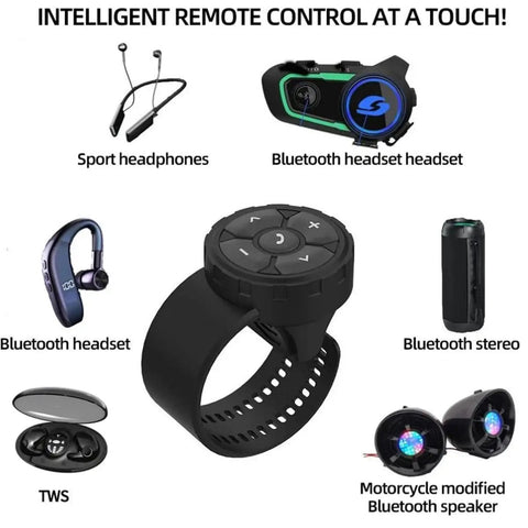 Wireless Media Button Remote Control Kit for Phone with IP67 Waterproof Universal Car Steering Wheel Motorcycle Bicycle Control Built In Rechargeable Battery for iOS and Android Phones Bluetooth 5.3 Hands Free shown with various compatible Bluetooth devices.