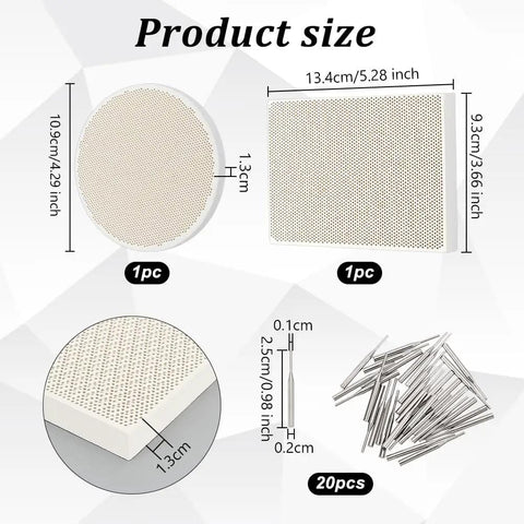 Honeycomb Ceramic Soldering Boards Set With 2 Round And Rectangle Boards And 20 Stainless Steel Needles For DIY Jewelry Making Melting And Casting Gold Tools shown with dimensions