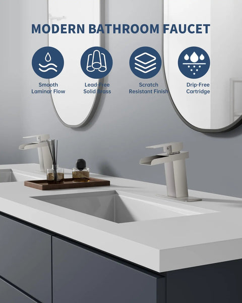 Waterfall Bathroom Faucet In Brushed Nickel Modern Single Handle Or 3 Hole Sink Faucet With Deck Plate and Pop Up Drain shown in bathroom vanity