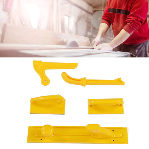 5 Piece Safety Push Block and Stick Set for Woodworking in use on table saw with reinforced ABS construction for secure handling