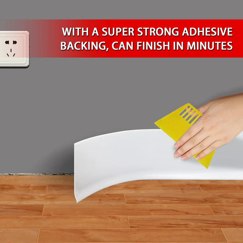 Applying Vinyl Wall Baseboard Molding 4 Inch Peel And Stick Self Adhesive White 40 Feet Flexible Rubber Trim on wall