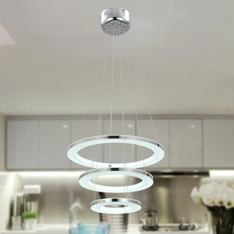 Nature White LED Acrylic Pendant Light Fixture With Three Ring Design for Dining Room, adjustable height, chrome finish