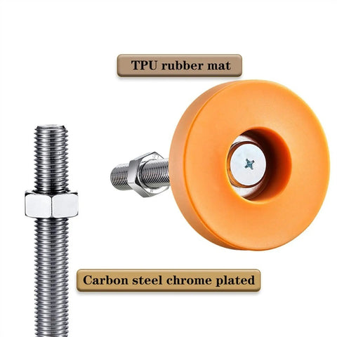 Rock Solid Adjustable Leveling Feet Four Pack Built Tough Carbon Steel Threaded Lifts With Grippy Rubber Bottoms For Heavy Equipment And Work Benches No Fuss Easy Install with rubber mat and chrome plated steel.