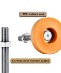 Heavy Duty Adjustable Leveling Feet 4 Pack Featuring Boss Level Stability With Chrome Steel Rods And M20 Threads Paired With Cushioned 104Mm Rubber Pads For Dead Solid Workspace Setup with chrome steel rod and orange rubber mat.