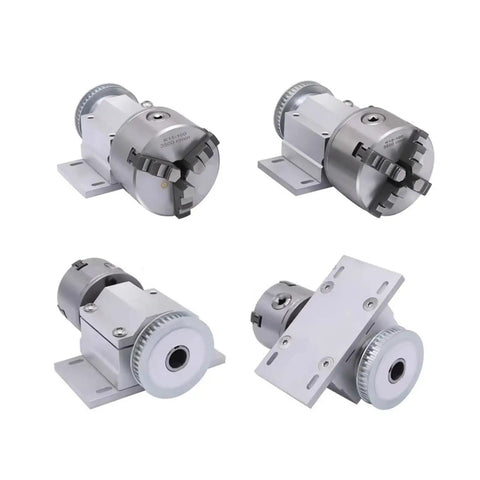 Four angles of Three Jaw Wood Lathe Chuck Set 100mm and 80mm options for CNC router and woodworking rotary axis bead engraving.