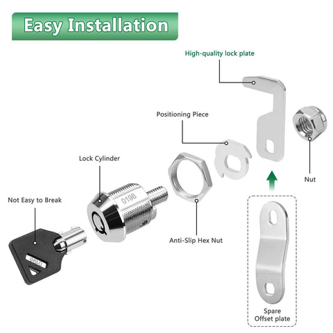 Built Tough Tubular Cam Locks For Toolboxes And Drawers With Keyed Alike Operation Includes four parts: lock cylinder, key, nut, and positioning piece.