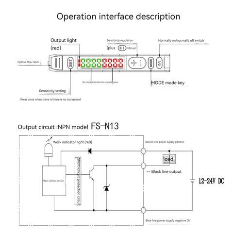 FS N13 Fiber Optic Amplifier And Diffuse Induction Photoelectric Switch operation interface with wiring diagram