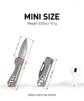 Titanium Mini Pocket Knife With Bottle Opener For EDC And Outdoor Gear shown with dimensions next to earbud for scale