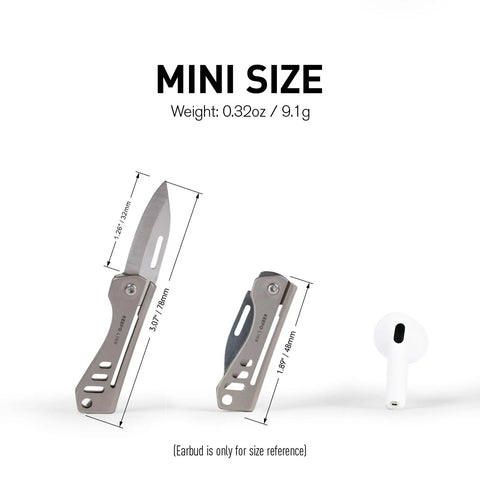 Titanium Mini Pocket Knife With Bottle Opener For EDC And Outdoor Gear shown with dimensions next to earbud for scale