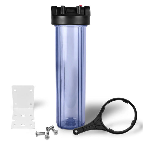 Heavy Duty High Flow Whole House Water Filter System With Transparent 20 By 4.5 Inch Housing, Pressure Relief Button, 1 Inch Inlet And Outlet Brass Ports, 5 Mic Pleated Washable Sediment Cartridge, Meets NSF Standards