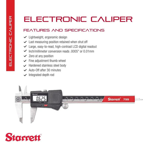 Electronic Caliper With SLC And Depth Rod, Auto Off, 0-6 Inch Range, 0.0005 Inch Resolution, Hardened Stainless Steel Body
