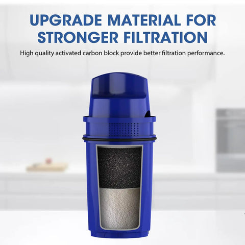 CRF-950Z Pitcher Filter Replacement For PUR PPF951K PPF900Z, blue coconut shell carbon block filter, kitchen background.