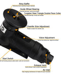 Side view of a black mini pneumatic chamfering machine, handheld tool with adjustable chamfer size dial and air inlet.
