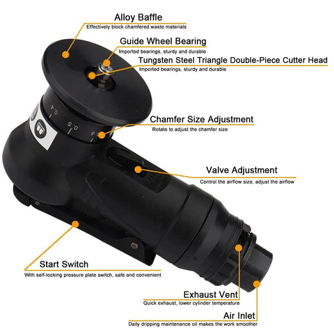 Side view of a black mini pneumatic chamfering machine, handheld tool with adjustable chamfer size dial and air inlet.