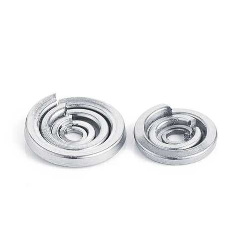 Rock Solid Stainless Steel Split Lock Washers Heavy Duty Elastic Spring Gaskets in two sizes for M2 to M30 bolt fastening.